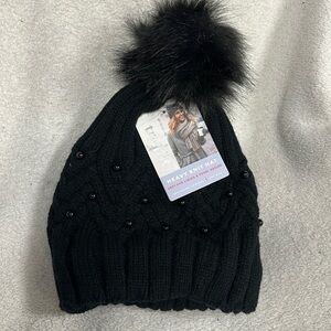 TRU FIT - Heavy knit Pom hat, fleece lining, black , 'Pearl Design' one size NWT